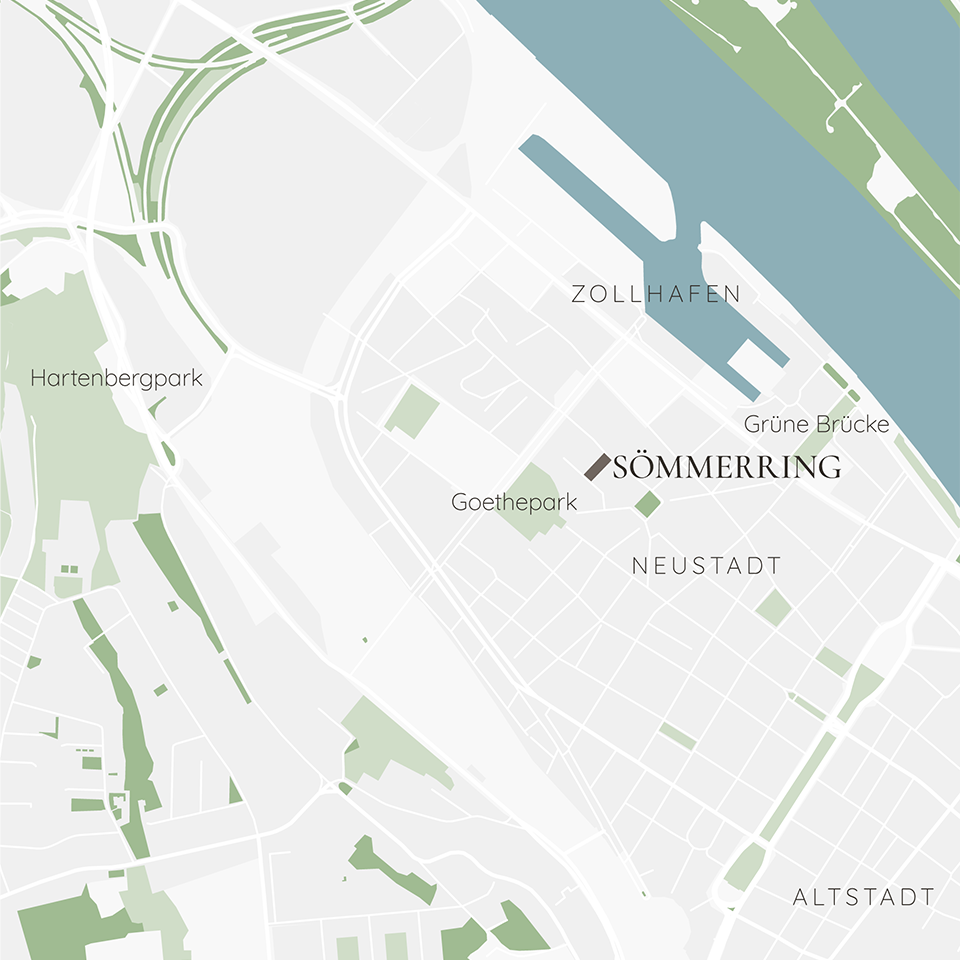 Karte der Umgebung mit Grünflächen, Rhein und Zollhafen